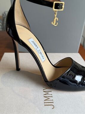 Authentic Jimmy Choo Black Patent Leather D'Orsay Ankle-Strap Stiletto